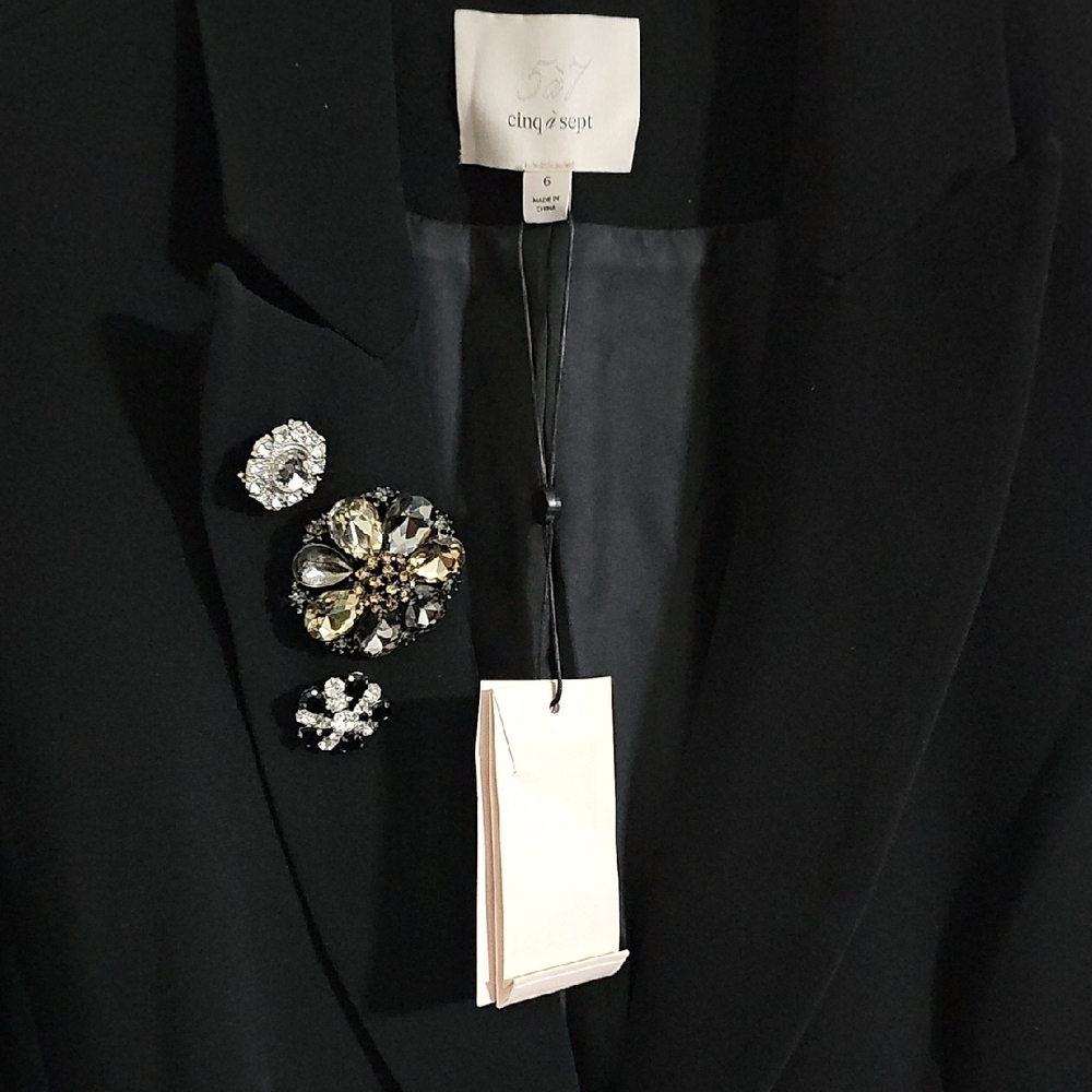 cinq a sept Black Blazer with White Fringe and Brooch - Picture 2 of 5